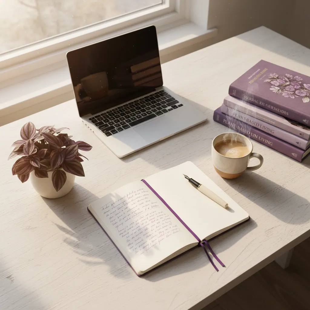 Editorial wellness blogger desk with notebook, botanical reference books and coffee - Redwood Nutrition E-E-A-T