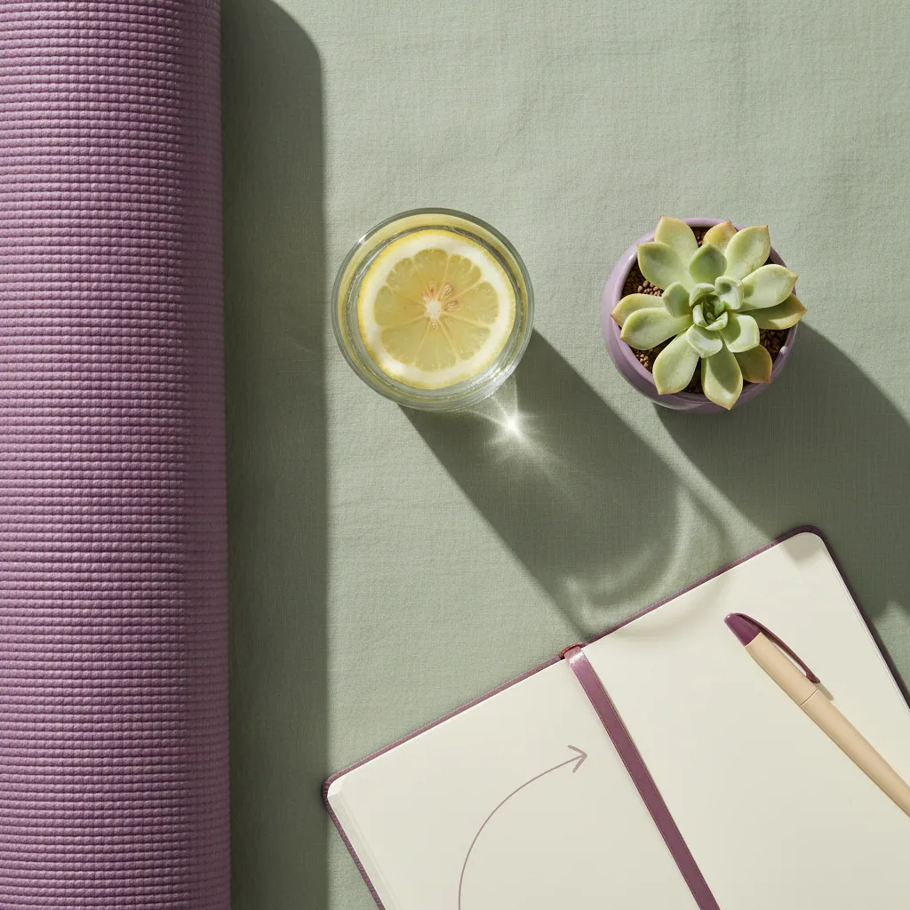 Yoga mat, water glass and journal - wellness lifestyle routine complement to plant-based food supplement