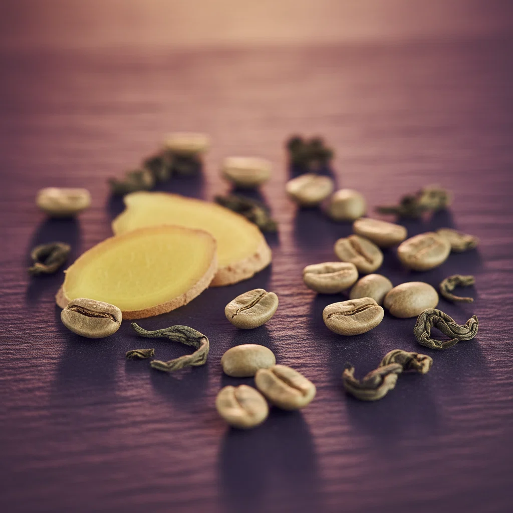 Green coffee beans, ginger root and green tea leaves macro photograph