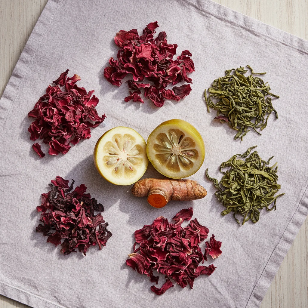 Garcinia cambogia fruit and tropical botanical ingredients flat-lay