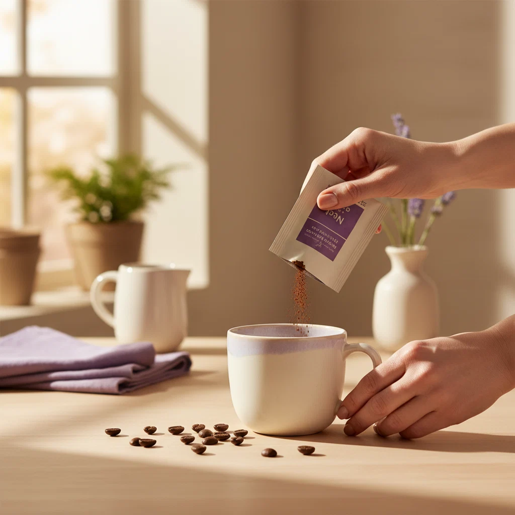 Morning kitchen: coffee mug and open supplement sachet - coffee supplement sachets 30 day supply UK daily routine